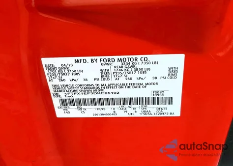 2013 Ford F150 Super Cab z USA, uszkodzony, nr VIN 1FTFX1EF3DKE65102